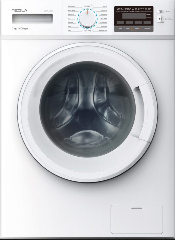 "Veš mašina Tesla WF71490M sa kapacitetom od 7 kg, brzinom centrifuge od 1400 obrtaja i inverter motorom. Nudi brzi program pranja, Child Lock i mogućnost odlaganja početka pranja do 24h."