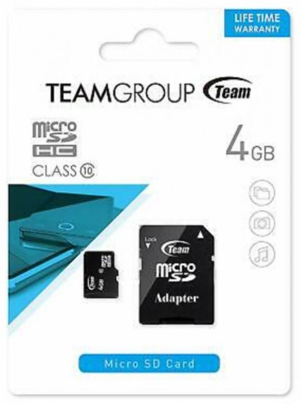 TeamGroup MICRO SDHC 4GB CLASS 10 + SD Adapter (TUSDH4GCL1003) je memorijska kartica sa brzinama čitanja do 20 MB/s i pisanja do 14 MB/s. S kapacitetom od 4GB i SD adapterom, pogodna je za mobilne telefone, kamere i druge uređaje.
